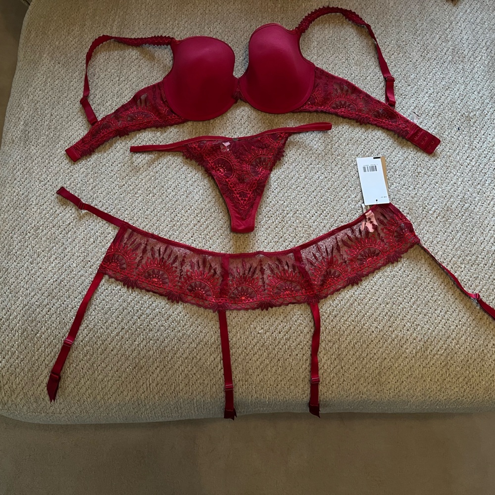 Red lingerie set with garter